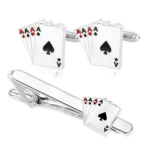 Coffret boutons de manchette et pince à cravate avec cartes de poker as argenté