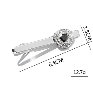 Silver men's tie clip with black heart zircon and dimensions 6.4cm by 1.8cm