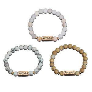 Three beaded natural stone bracelets with Forever engraved vintage copper plaques