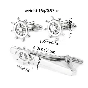 Polished silver tie clip and cufflinks set with nautical anchor and helm ship design