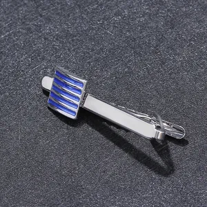 Pince à cravate classique en argent pour hommes avec élégant insert bleu texturé