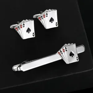 Parure boutons de manchette et pince à cravate argentés motif poker as de pique créatif