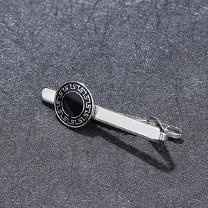 Professional silver metal necktie clip with black enamel circle and Greek meander pattern