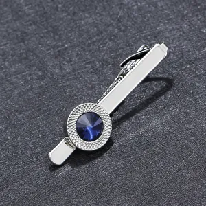 Men's Business Copper Tie Clip Silver Plated with Round Blue Zirconia Inlaid Decorative Tie Bar Accessory for Office