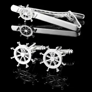 Men Business Copper Tie Clip And Cufflinks Set Nautical Ship Wheel Design Silver Electroplated Professional Neckwear Jewelry Accessory