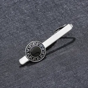 Men Business Tie Clip Copper Silver Plated Round Black Enamel Greek Key Meander Pattern Geometric Design Formal Suit Accessories