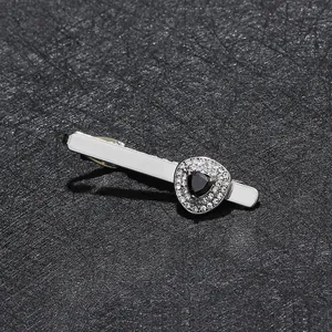 Men's silver-tone tie clip with white enamel and black triangle zircon stone setting