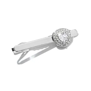 Detail of silver tie clip featuring a heart-shaped zircon inlay with pave crystal accents
