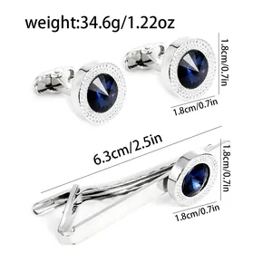 Silver cufflinks and tie clip set with blue crystals for men's formal business suits