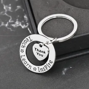 Stainless steel keychain with Teach Learn Inspire engraving and heart-shaped Thank You charm