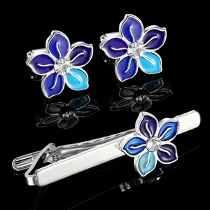 Vintage Alloy Enamel Flower Cufflinks And Tie Clip Set With Rhinestone For Men Business Formal Shirt Wedding Party Jewelry