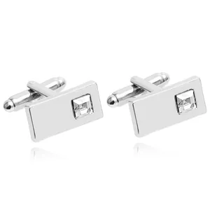 French cufflinks for men featuring silver-tone metal and a square diamond inlay