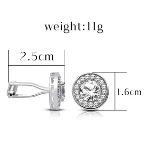 Luxury silver-tone round cufflinks with clear central zircon and pave diamond border