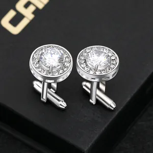 Luxury Round Zirconia Cufflinks For Men High End Silver Tone Copper Business Suit French Shirt Cuff Links Jewelry Gift