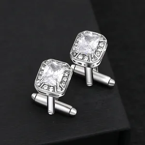 Boutons de Manchette de Luxe en Cuivre Zircone pour Hommes Affaires Mariage Accessoires de Chemise Argent Boutons de Manchette