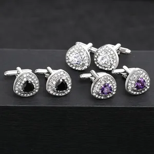 Men's silver-tone cufflink set with triangular zirconia in white, black and purple