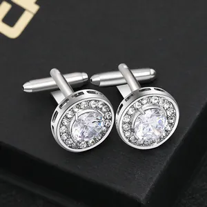 Luxury round zircon cufflinks with pavé diamonds in silver finish for business formal wear