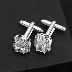 Boutons de manchette en cuivre argenté avec zircon carré et petits diamants pour chemise