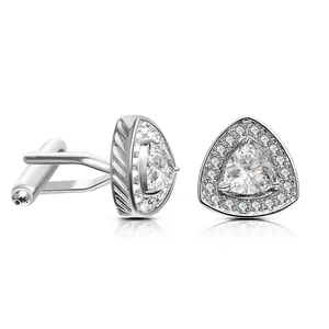 Elegant men's silver triangle cufflinks with large central zircon and halo pavé diamonds