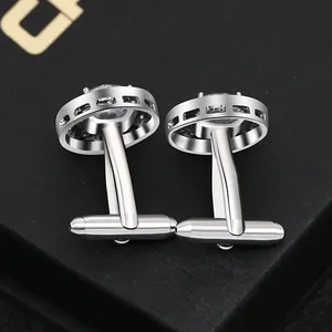 Premium round zircon cufflinks in silver finish with crystal inlay for business suits