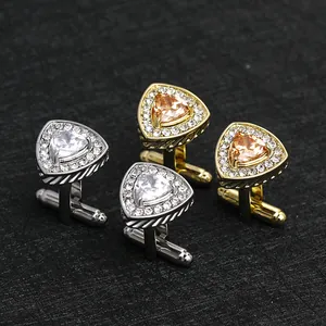Mens luxury triangle cufflinks with zircon stones in silver and gold finishes