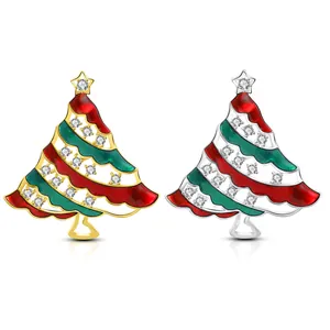 Christmas tree brooches in gold and silver finish with red green enamel and cubic zirconia