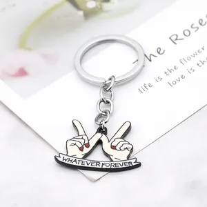 Creative hand gesture metal keychain with Whatever Forever engraving and red nails
