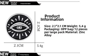 Detailed view of the 2.1x2.1cm zinc alloy Evil Eye badge with dimensions and weight info