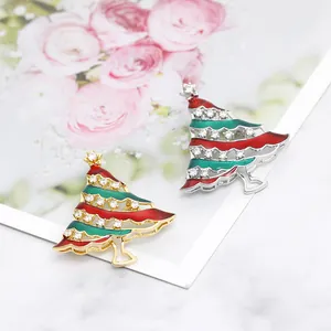 Zircon Christmas Tree Brooch Copper Red Green Enamel Pin For Women Festive Party Jewelry Gold Silver Plated Brooch