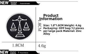 Detailed view of 1.8cm round Libra zodiac enamel pin with scales of justice design