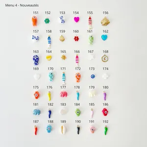 Detailed grid of diverse jewelry charms including lotus, feathers, and evil eye elements