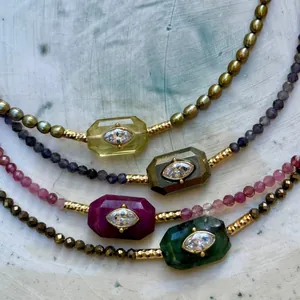 Böhmisch Naturstein Perlen Halskette Kupfer 14K Vergoldet Zirkonia Eingelegt Geometrisch Böser Blick Anhänger Damen Mode Schmuck