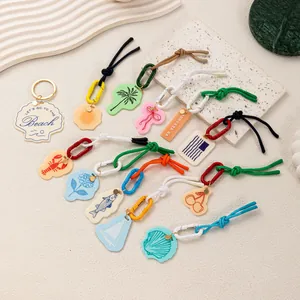 Summer Beach Theme Acrylic Braided Rope Keychain Colorful Lobster Palm Tree Shell Sailboat Bag Charm Women Fashion Pendant