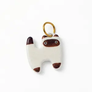 Ciondolo gatto in ceramica bianco e marrone con anello placcato oro 18K per gioielli DIY