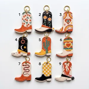 Colorful 18K gold plated cowboy boot pendants with retro cherry and sun patterns