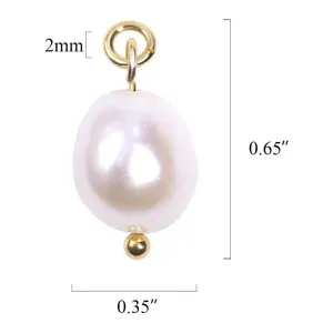 Gedetailleerd beeld van barokke zoetwaterparel hanger met gouden ring en afmetingen getoond