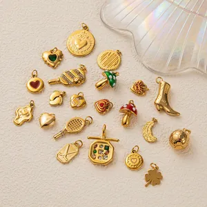 Stainless Steel 18K Gold Plated Heart Mushroom Clover Pendant Necklace For Women Retro Enamel Rhinestone DIY Jewelry Accessories