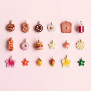 Set of 18 DIY food and flower pendants in 18k gold plating for jewelry making
