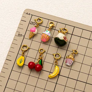 7-piece colorful enamel food pendants including ice cream and fruit in 18K gold plating