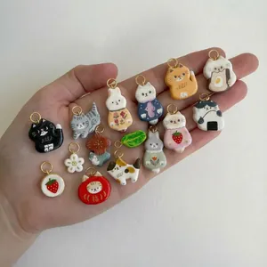 Cute animal ceramic cat and rabbit charms with gold loops for DIY necklace making