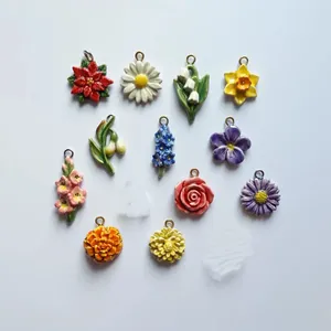 Floral ceramic charms with 18K gold ring in daisy and rose styles for jewelry making