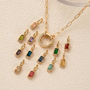 18K Gold Plated Copper Birthstone Necklace Rectangular Cubic Zirconia Pendant Minimalist Paperclip Chain Fashion Women Jewelry