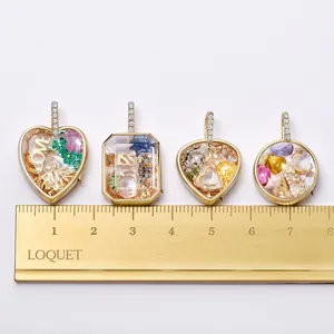 Retro 18k gold glass locket pendants in heart and geometric shapes with gemstone charms