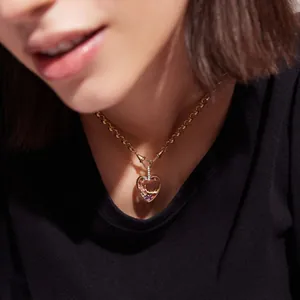Retro 18k gold heart glass locket necklace with pink crystals and chunky round link chain