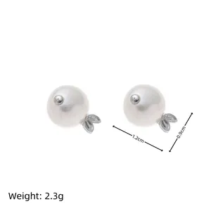 Spherical natural pearl stud earrings with silver leaf metal accent, 0.9cm x 1.2cm size