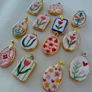 Pendentifs en céramique tulipe peints à la main avec bordure dorée pour bijoux DIY