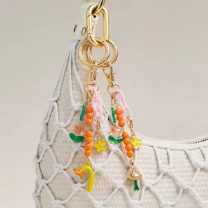 Colorful Beaded Bag Charm Keychain Copper 18K Gold Plated Flower Tulip Mushroom Shell Pendant For Women Handbag Accessories