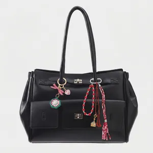Sac cabas en cuir noir avec fermoirs argentés et charms décoratifs DIY colorés