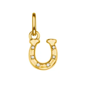 Detail macro-opname van een gouden hoefijzer hanger met zes ingelegde heldere edelstenen
