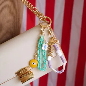 Fashion Bag Charm Keychain Alloy Acrylic Resin Flower Evil Eye Shell Pendant For Women Purse Handbag Decoration Accessories
